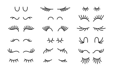 Funny closed unicorn eyes. Mascara lashes, woman makeup, sleeping beauty. Cute animal sleeping face. Vector collection