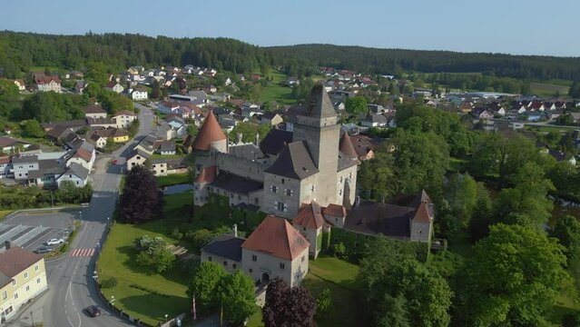 Smooth aerial top view flight 
Austria Heidenreichstein castle in Europe, summer of 2023. panorama overview drone
4K uhd cinematic footage.
