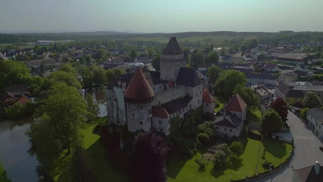 Unbelievable aerial top view flight Austria Heidenreichstein castle in Europe, summer of 2023. ascending drone
4K uhd cinematic footage.