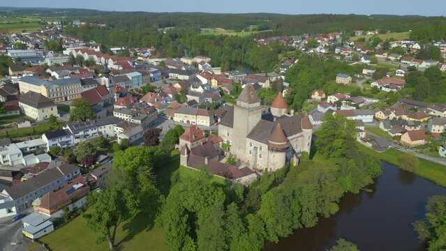 Fabulous aerial top view flight 
Austria Heidenreichstein castle in Europe, summer of 2023. ascending drone
4K uhd cinematic footage.