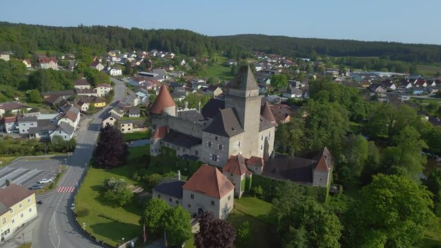 Breathtaking aerial top view flight 
Austria Heidenreichstein castle in Europe, summer of 2023. panorama orbit drone
4K uhd cinematic footage.