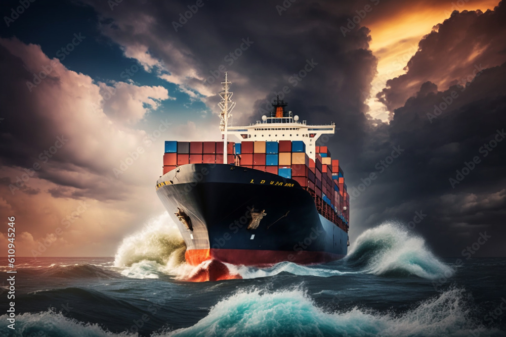 Wall mural front view of a container ship in the vast ocean, serving as a vital link for global business logist