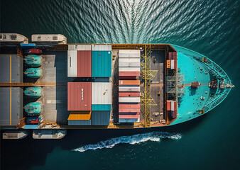 An aerial top view of a container ship in the vast ocean, serving as a vital link for global business logistics, freight shipping, import, export, and international trade. Generative AI.