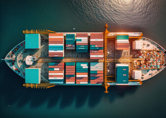An aerial top view of a container ship in the vast ocean, serving as a vital link for global business logistics, freight shipping, import, export, and international trade. Generative AI.