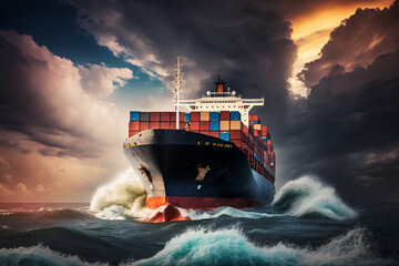 Front view of a container ship in the vast ocean, serving as a vital link for global business logistics, freight shipping, import, export, and international trade. Generative AI.