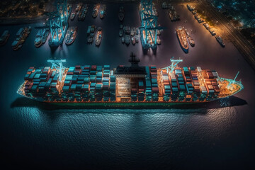 a container ship loading cargo at a deep-sea port. This essence of business, commercial trading, logistic operations, import, export, and freight transportation, maritime activity. Generative AI.
