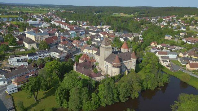 Gorgeous aerial top view flight 
Austria Heidenreichstein castle in Europe, summer of 2023. wide orbit overview drone
4K uhd cinematic footage.