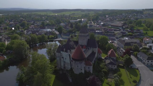 Perfect aerial top view flight 
Austria Heidenreichstein castle in Europe, summer of 2023. panorama orbit drone
4K uhd cinematic footage.