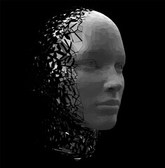 Vector polygonal illustration of a humanoid robot girl head disintegrate. Artificial intelligence taking human form. Human form disintegrating