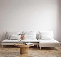 Minimalist modern living room interior background, Scandinavian style, 3D render
