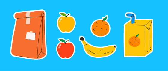 School lunch box set: Lunch bag, yellow and red apple, orange, banana and orange juice with straw. Hand drawn, doodle trendy style. Groovy stickers (Full Vector)