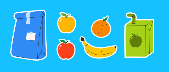 School lunch box set: Lunch bag, yellow and red apple, orange, banana and green apple juice with straw. Hand drawn, doodle trendy style. Groovy stickers (Full Vector)
