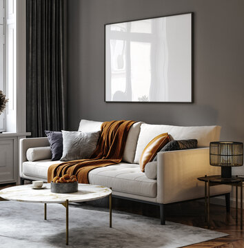 Home interior, luxury modern dark living room interior, poster frame mock up, 3d render