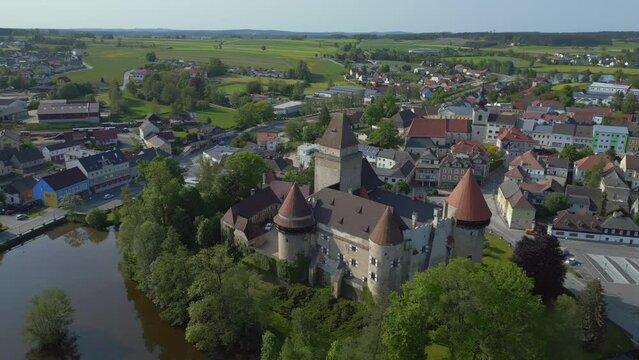 Great aerial top view flight 
Austria Heidenreichstein castle in Europe, summer of 2023. wide orbit overview drone
4K uhd cinematic footage.