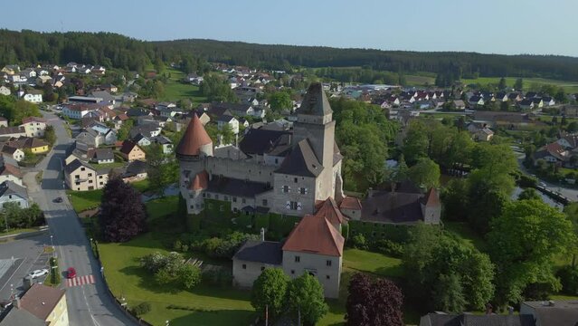 Majestic aerial top view flight 
Austria Heidenreichstein castle in Europe, summer of 2023. panorama orbit drone
4K uhd cinematic footage.
