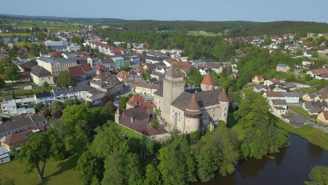 Nice aerial top view flight 
Austria Heidenreichstein castle in Europe, summer of 2023. panorama orbit drone
4K uhd cinematic footage.