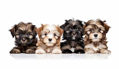 Fototapeta na wymiar Shih Tzu puppies sitting in a row on a white background. Long format banner. Generated by AI.
