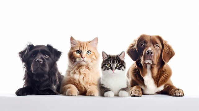 Two cats and two dogs looking directly at the camera, in a long format banner. Generated by AI.