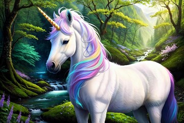 Unicorn in a beautiful mystical forest. Fantasy Art. Digital Painting. Generative AI.