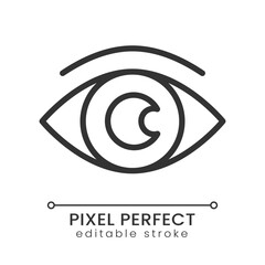 Eye pixel perfect linear icon. Process monitoring and supervision. Spying malware. Thin line illustration. Contour symbol. Vector outline drawing. Editable stroke. Poppins font used