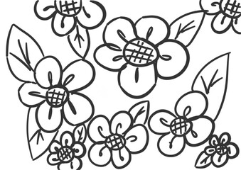 Black drawing line of seamless floral pattern, design for fabrics print or wallpaper, hand drawing vector, Isolated floral elements, daisy, aster, chrysanthemum. Line children drawings
