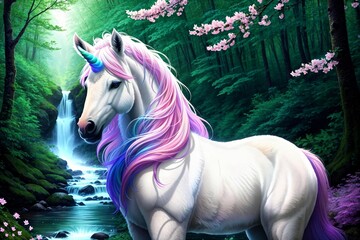 Naklejka premium Unicorn in a beautiful mystical forest. Fantasy Art. Digital Painting. Generative AI.
