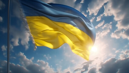 The flag of Ukraine breaking free from the flagpole in the rays of the sun. Support for Ukraine, independence, strength. AI Generative