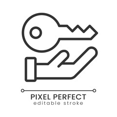 Fototapeta premium Key pixel perfect linear icon. Access to private information. Data storage security. Encryption. Thin line illustration. Contour symbol. Vector outline drawing. Editable stroke. Poppins font used