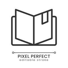 Open book pixel perfect linear icon. Business planner. Educational literature. Web browser history. Thin line illustration. Contour symbol. Vector outline drawing. Editable stroke. Poppins font used