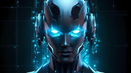 3D Render Visualization of artificial intelligence, AI, Robot Head with shiny neon eyes on a dark background. Generative AI
