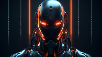 Fototapeta premium 3D Render Visualization of artificial intelligence, AI, Robot Head with shiny neon eyes on a dark background. Generative AI