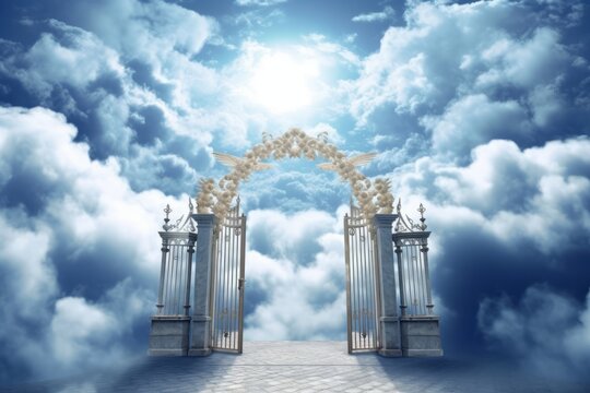 Majestic afterlife entrance.Gates of heaven entrance to meeting God. Generative Ai