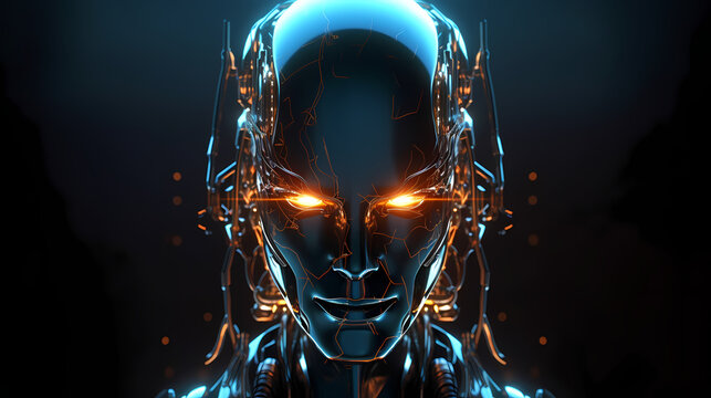 3D Render Visualization of artificial intelligence, AI, Robot Head with shiny neon eyes on a dark background. Generative AI