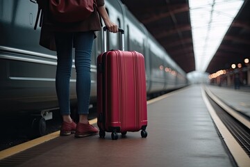 Person with luggage waiting on a rail station. AI generative