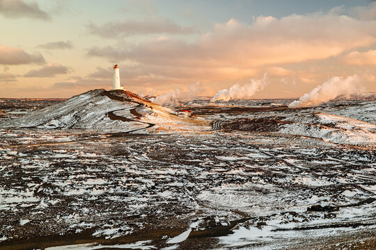 Reykjanesviti lighthouse at sunrise in winter season, iceland