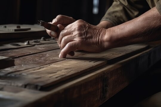 Hands of a old carpenter working. AI generative