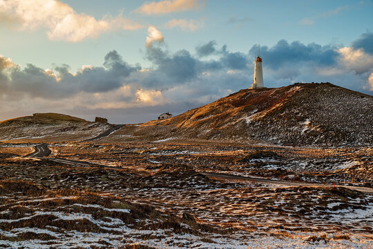 Reykjanesviti lighthouse at sunset in winter season, iceland