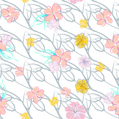 Pink Flowers Blooming Pattern. Pastel Watercolor.