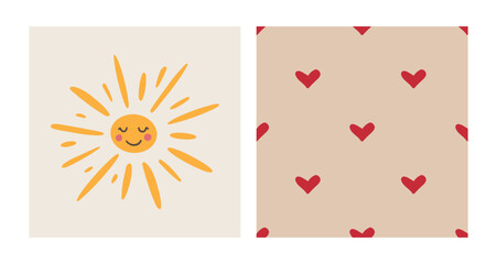 Summer groovy collection. Hand drawn positive vector set. Smiley sun. Cute retro seamless pattern with hearts