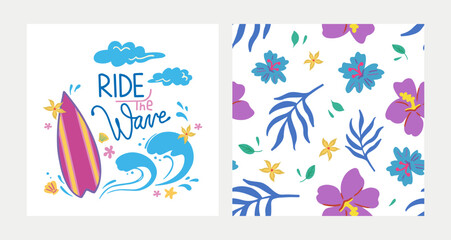 Surfing concept colorful collection. Hand drawn tropical surf life vector set. Ride the wave typography motivation slogan. Seamless pattern with hibiscus, palm leaves, tropical flowers