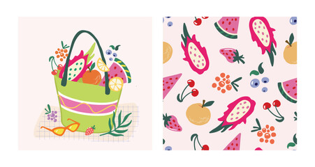 Summer colorful juicy collection. Hand drawn vector fruit and berry set. Trendy seamless pattern with dragon fruit, watermelon slice, cherry, strawberry, cloudberry, orange. Outdoor picnic.
