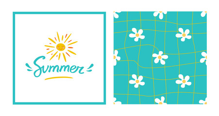 Summer y2k collection. Hand drawn retro hippie sun card and pattern vector set. Summer typography slogan. Acid blue seamless pattern with melted white flower