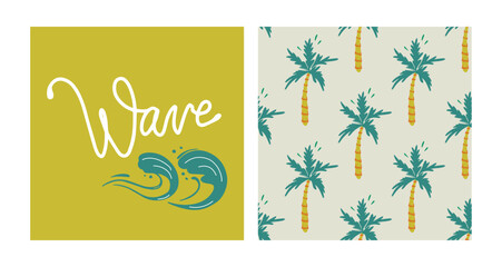 Hand drawn tropical boho collection. Surfing concept vector set. Wave typography slogan. Retro seamless pattern with palm tree. © me.di