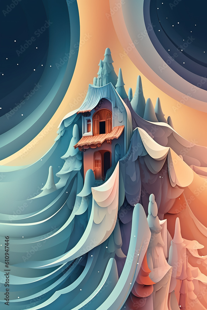 Aufkleber a house in the middle of a snowy mountain. generative ai. abstract wavy patterns in blue and orange.