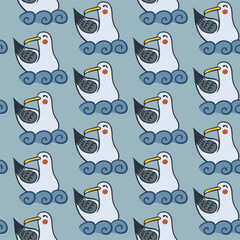 Obraz premium Retro cartoon mew seamless pattern. Flat vector seagull on the sea background with waves. Suitable for kids textile, wallpaper, wrapping, background, interior decor