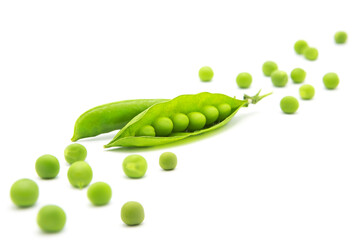 Fresh organic green pea pod with beans isolated on white background. Design element with clipping path.
