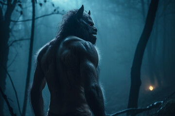 Back of an aggressive, hairy Werewolf growling in the moonlight over a full moon shining on a dark scary mystery foggy forest with a gothic house under the moon. Generative AI Technology