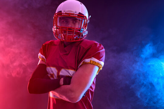 American football player teenager. Banner with neon colors. Template for bookmaker ads with copy space. Mockup for betting advertisement. Sports betting, football betting, gambling, bookmaker, big win