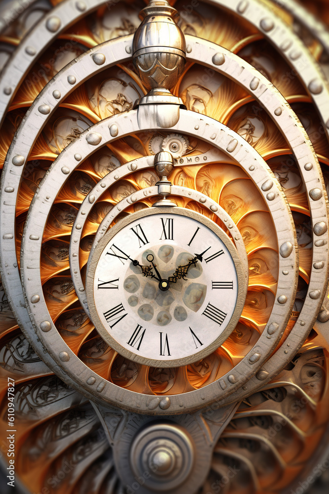 Poster a close up of a clock on a wall. generative ai. surreal artificial intelligence with fibonacci clock