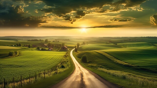 Straight country road and green farmland natural scenery at sunrise background, illustration for product presentation template, copy space wallpaper. Ai generative